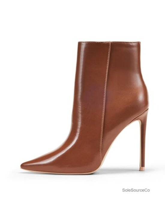 Shoes - Women Heeled Ankle Booties, Pointed Toe 4" Stiletto High Heel, PU Leather, Side